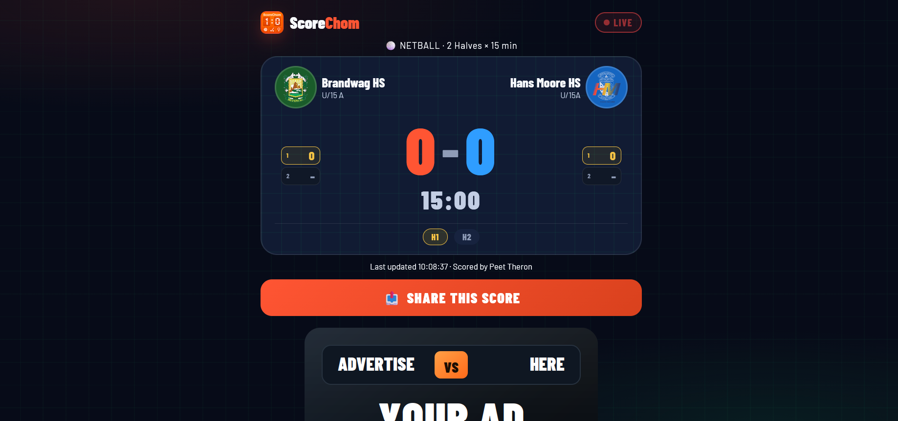 ScoreChom live match view on a desktop browser