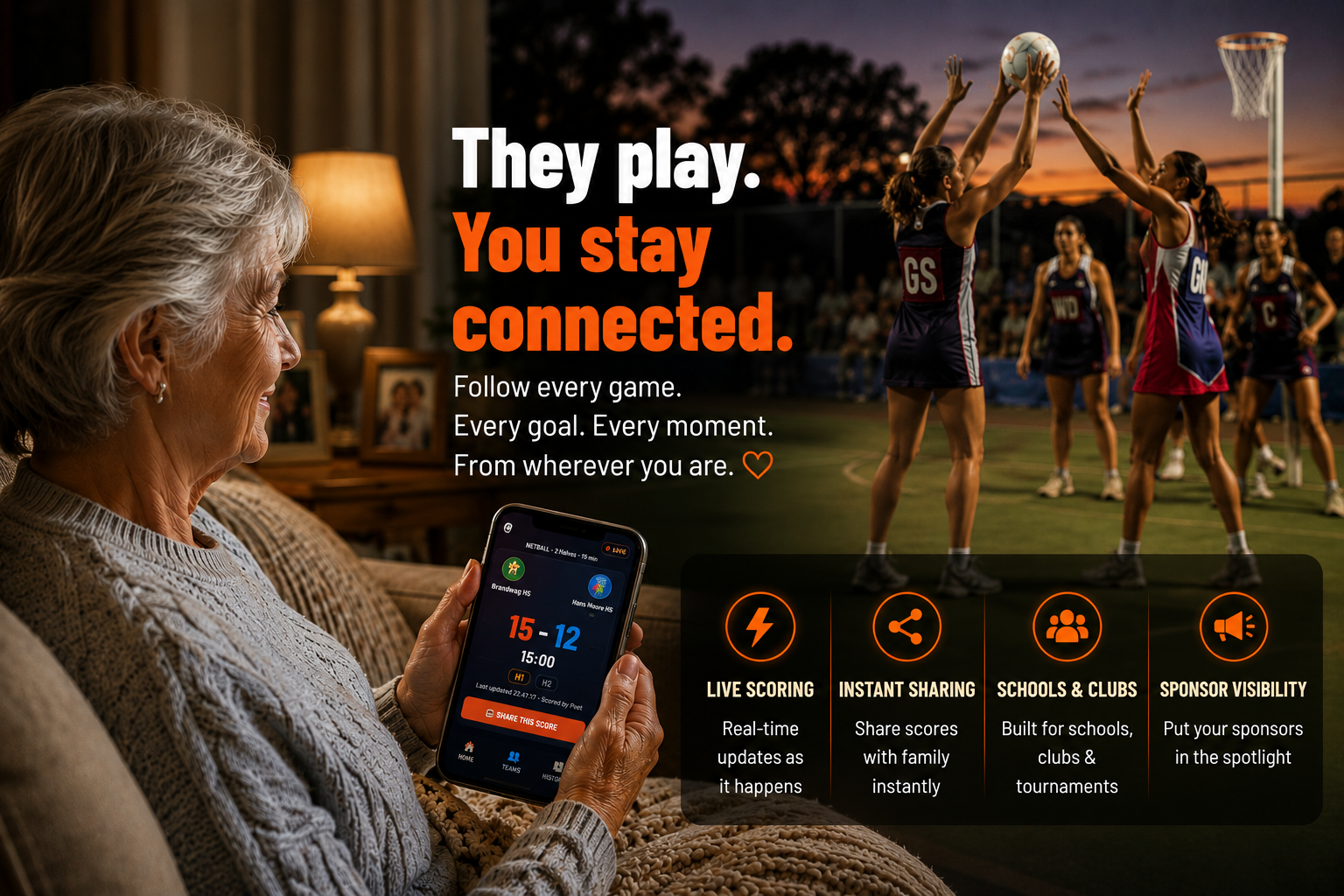 Grandparent following a live netball match on a phone from the couch